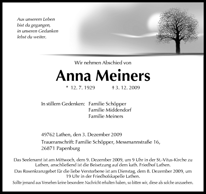  Traueranzeige für Anna Meiners vom 05.12.2009 aus Neue Osnabrücker Zeitung GmbH & Co. KG