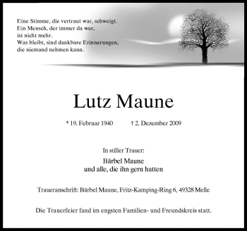 Traueranzeige von Lutz Maune von Neue Osnabrücker Zeitung GmbH & Co. KG