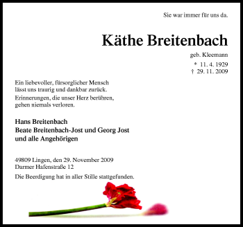 Traueranzeige von Käthe Breitenbach von Neue Osnabrücker Zeitung GmbH & Co. KG