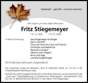 Traueranzeige von Fritz Stiegemeyer von Neue Osnabrücker Zeitung GmbH & Co. KG
