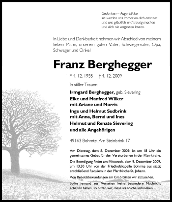 Traueranzeige von Franz Berghegger von Neue Osnabrücker Zeitung GmbH & Co. KG