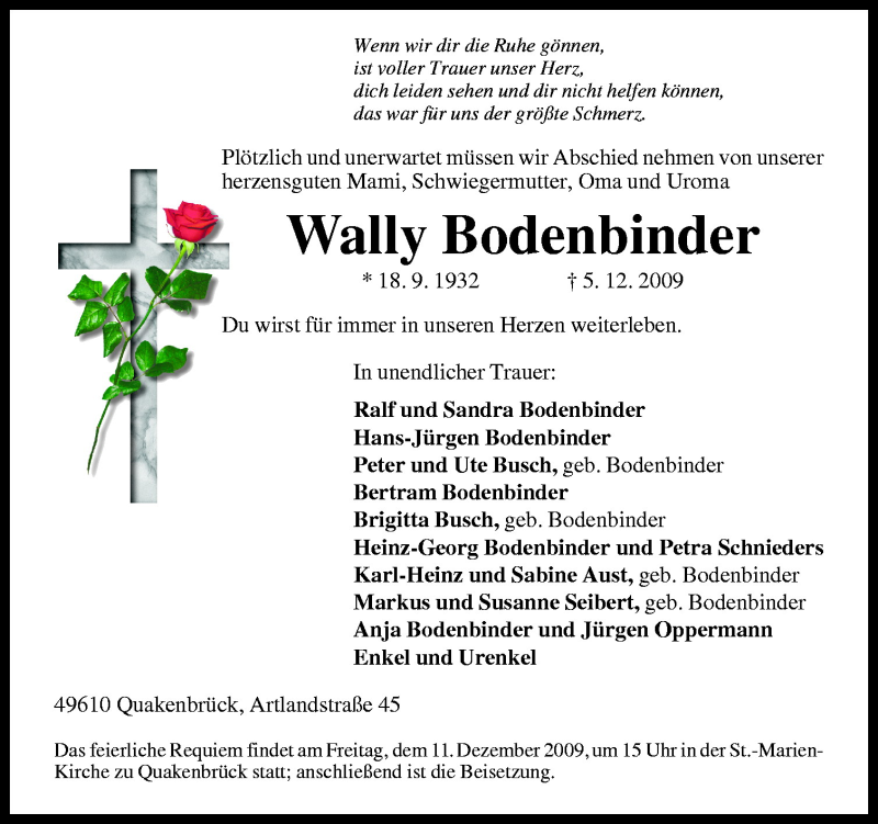  Traueranzeige für Wally Bodenbinder vom 08.12.2009 aus Neue Osnabrücker Zeitung GmbH & Co. KG