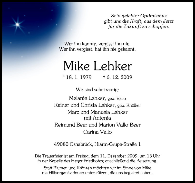  Traueranzeige für Mike Lehker vom 08.12.2009 aus Neue Osnabrücker Zeitung GmbH & Co. KG