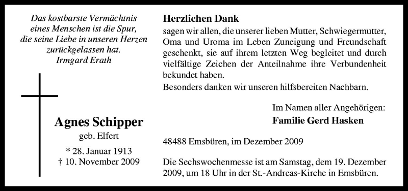  Traueranzeige für Agnes Schipper vom 16.12.2009 aus Neue Osnabrücker Zeitung GmbH & Co. KG