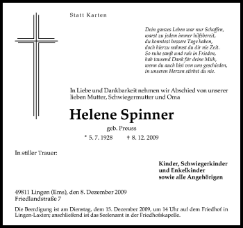 Traueranzeige von Helene Spinner von Neue Osnabrücker Zeitung GmbH & Co. KG