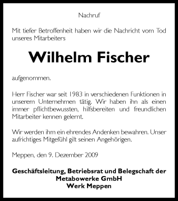 Traueranzeige von Wilhelm Fischer von Neue Osnabrücker Zeitung GmbH & Co. KG