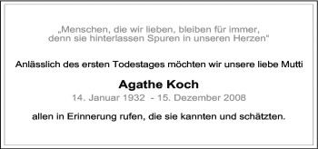 Traueranzeige von Agathe Koch von Neue Osnabrücker Zeitung GmbH & Co. KG