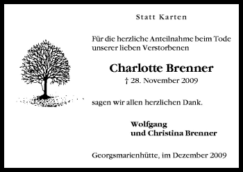 Traueranzeige von Charlotte Brenner von Neue Osnabrücker Zeitung GmbH & Co. KG