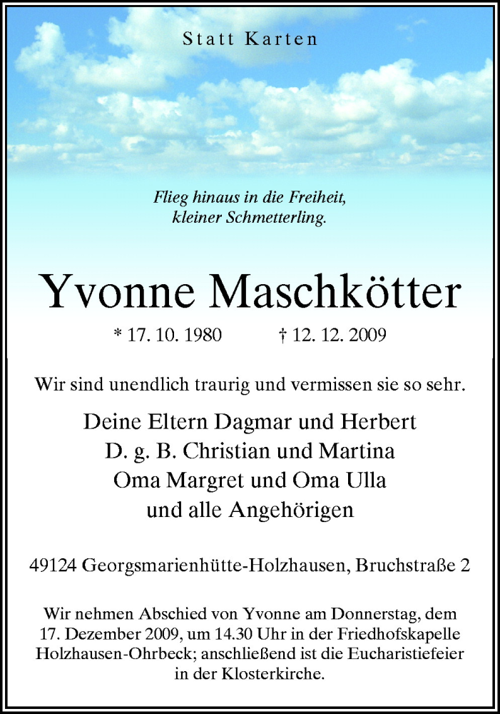  Traueranzeige für Yvonne Maschkötter vom 15.12.2009 aus Neue Osnabrücker Zeitung GmbH & Co. KG