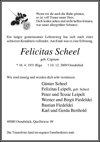Traueranzeige von Scheel Felicitas von Neue Osnabrücker Zeitung GmbH & Co. KG