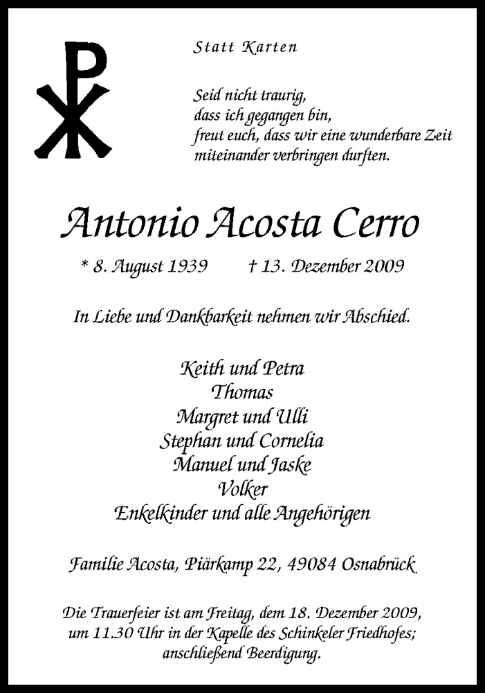  Traueranzeige für Antonio Acosta Cerro vom 16.12.2009 aus Neue Osnabrücker Zeitung GmbH & Co. KG