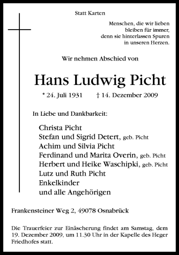 Traueranzeige von Hans Ludwig Picht von Neue Osnabrücker Zeitung GmbH & Co. KG