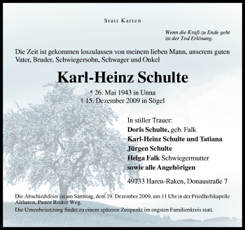 Traueranzeige von Karl-Heinz Schulte von Neue Osnabrücker Zeitung GmbH & Co. KG