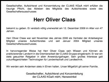 Traueranzeige von Oliver Claas von Neue Osnabrücker Zeitung GmbH & Co. KG