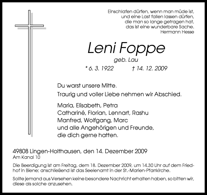  Traueranzeige für Leni Foppe vom 16.12.2009 aus Neue Osnabrücker Zeitung GmbH & Co. KG