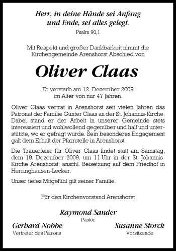 Traueranzeige von Oliver Claas von Neue Osnabrücker Zeitung GmbH & Co. KG