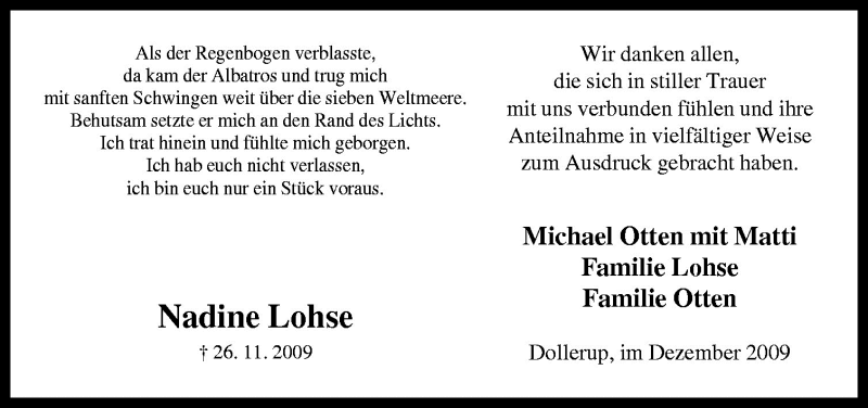  Traueranzeige für Nadine Lohse vom 19.12.2009 aus Neue Osnabrücker Zeitung GmbH & Co. KG