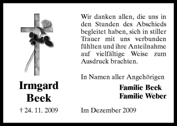 Traueranzeige von Irmgard Beek von Neue Osnabrücker Zeitung GmbH & Co. KG