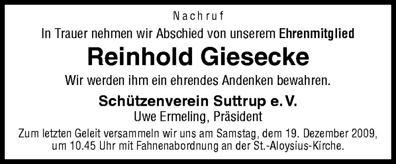  Traueranzeige für Reinhold Giesecke vom 18.12.2009 aus Neue Osnabrücker Zeitung GmbH & Co. KG