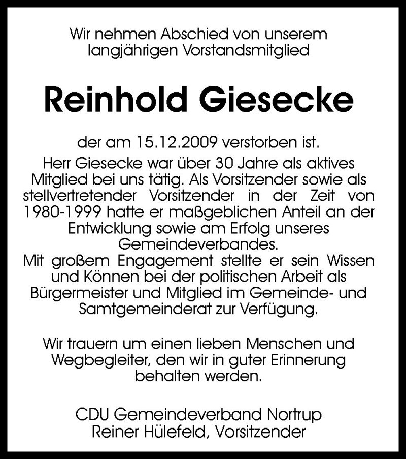  Traueranzeige für Reinhold Giesecke vom 19.12.2009 aus Neue Osnabrücker Zeitung GmbH & Co. KG