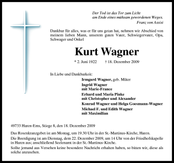 Traueranzeige von Kurt Wagner von Neue Osnabrücker Zeitung GmbH & Co. KG