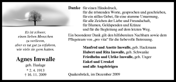 Traueranzeige von Agnes Imwalle von Neue Osnabrücker Zeitung GmbH & Co. KG