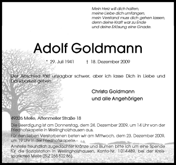 Traueranzeige von Adolf Goldmann von Neue Osnabrücker Zeitung GmbH & Co. KG