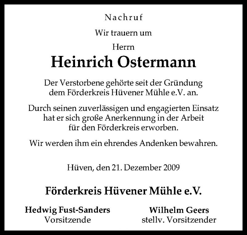  Traueranzeige für Heinrich Ostermann vom 22.12.2009 aus Neue Osnabrücker Zeitung GmbH & Co. KG