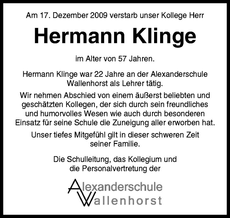  Traueranzeige für Hermann Klinge vom 22.12.2009 aus Neue Osnabrücker Zeitung GmbH & Co. KG