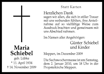 Traueranzeige von Maria Schiebel von Neue Osnabrücker Zeitung GmbH & Co. KG