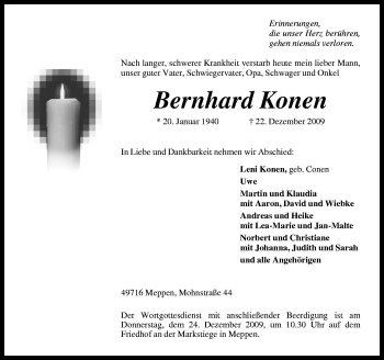 Traueranzeige von Bernhard Konen von Neue Osnabrücker Zeitung GmbH & Co. KG