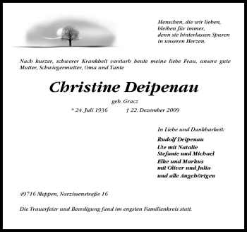 Traueranzeige von Christine Deipenau von Neue Osnabrücker Zeitung GmbH & Co. KG