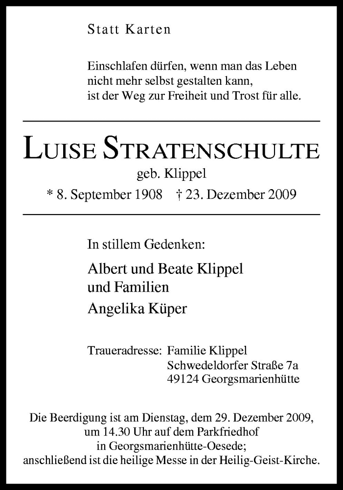  Traueranzeige für Luise Stratenschulte vom 24.12.2009 aus Neue Osnabrücker Zeitung GmbH & Co. KG