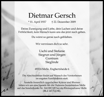 Traueranzeige von Dietmar Gersch von Neue Osnabrücker Zeitung GmbH & Co. KG