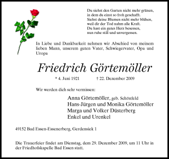 Traueranzeige von Friedrich Görtemöller von Neue Osnabrücker Zeitung GmbH & Co. KG