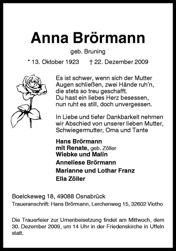Traueranzeige von Anna Brörmann von Neue Osnabrücker Zeitung GmbH & Co. KG