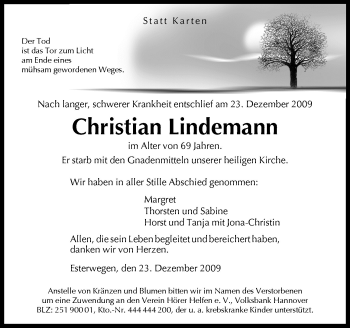 Traueranzeige von Christian Lindemann von Neue Osnabrücker Zeitung GmbH & Co. KG