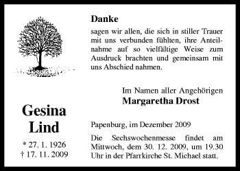Traueranzeige von Gesina Lind von Neue Osnabrücker Zeitung GmbH & Co. KG