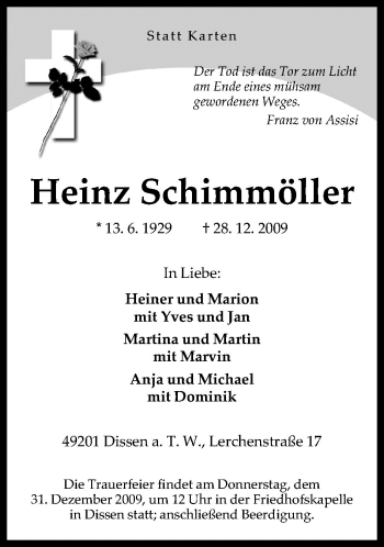 Traueranzeige von Heinz Schimmöller von Neue Osnabrücker Zeitung GmbH & Co. KG