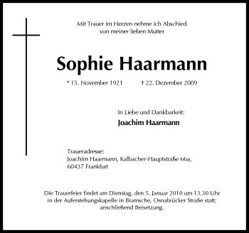 Traueranzeige von Sophie Haarmann von Neue Osnabrücker Zeitung GmbH & Co. KG