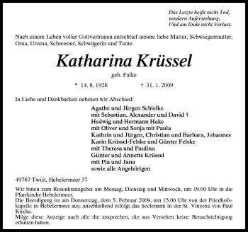 Traueranzeige von Katharina Krüssel von Neue Osnabrücker Zeitung GmbH & Co. KG
