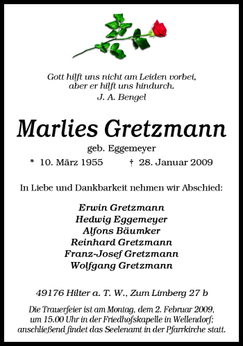 Traueranzeige von Marlies Gretzmann von Neue Osnabrücker Zeitung GmbH & Co. KG