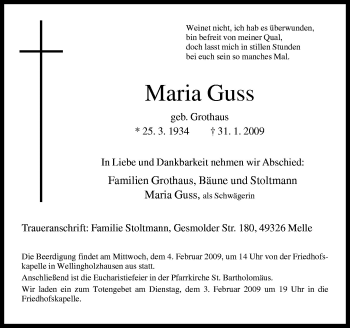 Traueranzeige von Maria Guss von Neue Osnabrücker Zeitung GmbH & Co. KG