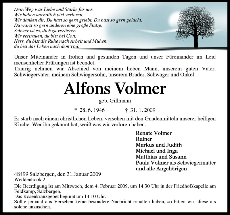  Traueranzeige für Alfons Volmer vom 02.02.2009 aus Neue Osnabrücker Zeitung GmbH & Co. KG