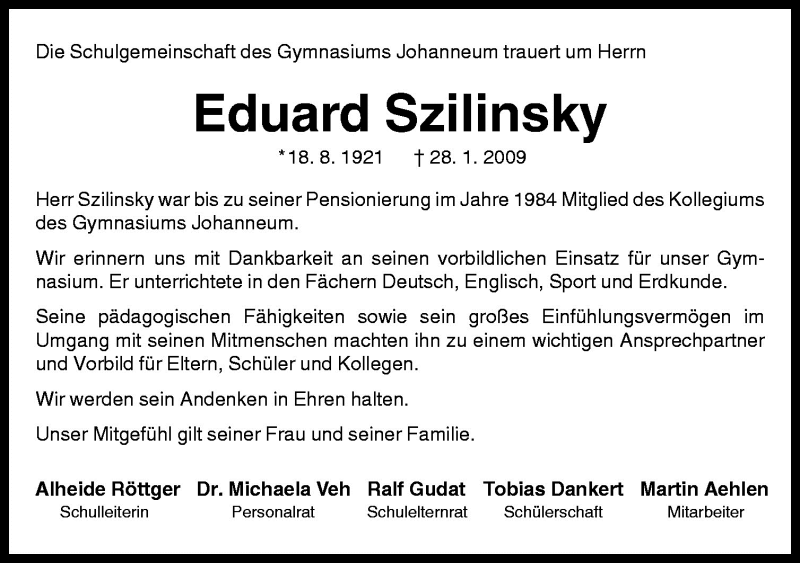  Traueranzeige für Eduard Szilinsky vom 03.02.2009 aus Neue Osnabrücker Zeitung GmbH & Co. KG