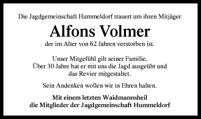  Traueranzeige für Alfons Volmer vom 03.02.2009 aus Neue Osnabrücker Zeitung GmbH & Co. KG