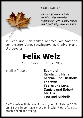 Traueranzeige von Felix Welz von Neue Osnabrücker Zeitung GmbH & Co. KG