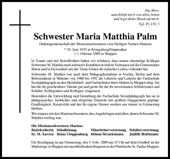 Traueranzeige von Maria Matthia Palm von Neue Osnabrücker Zeitung GmbH & Co. KG