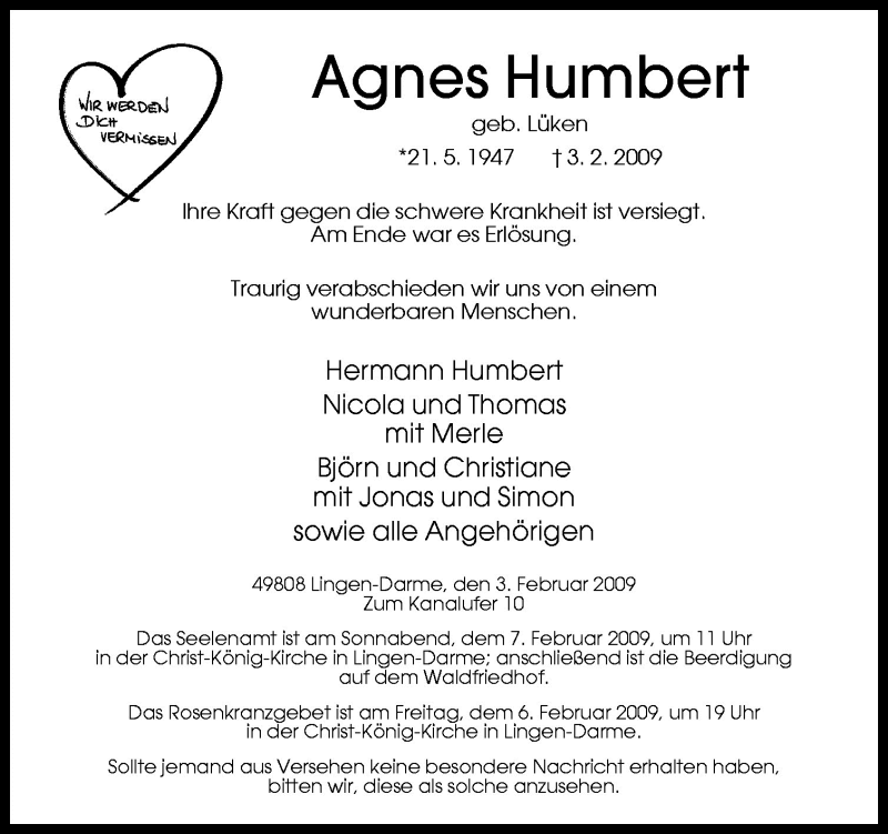  Traueranzeige für Agnes Humbert vom 06.02.2009 aus Neue Osnabrücker Zeitung GmbH & Co. KG