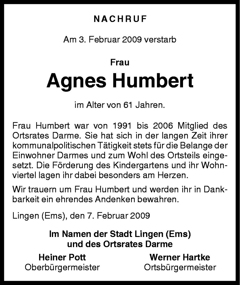  Traueranzeige für Agnes Humbert vom 07.02.2009 aus Neue Osnabrücker Zeitung GmbH & Co. KG